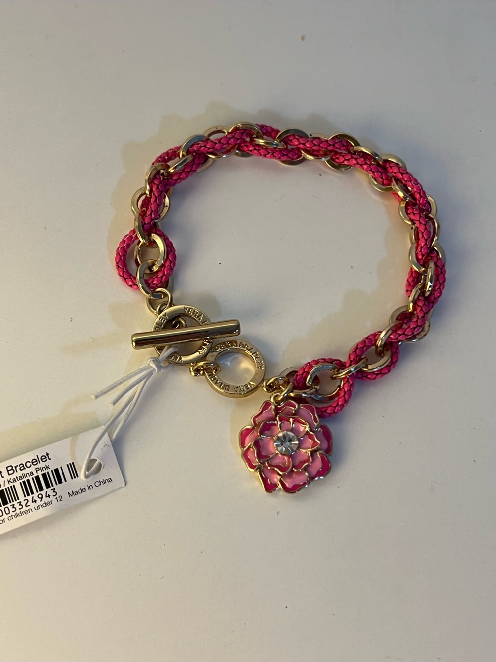 NWT Vera Bradley Hot Pink Braided Chain Bracelet with Flower Charm